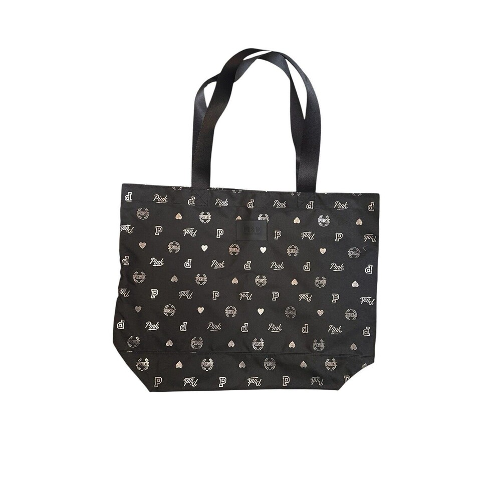 Victoria’s Secret PINK Black Tote Bag Silver Print Fabric Canvas Large